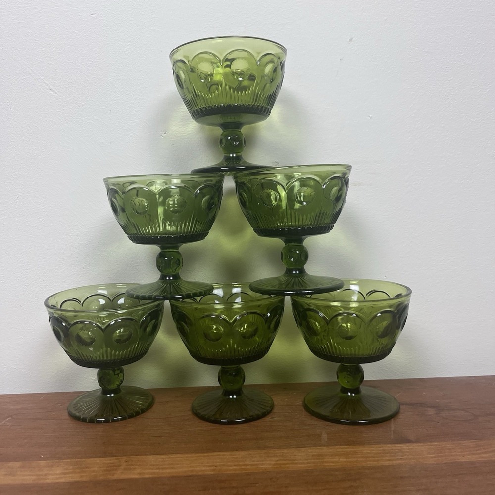 Vintage Bartlett-collins Bullseye Cane Avacado Green Glass Low Sherbet 6 Pc Set